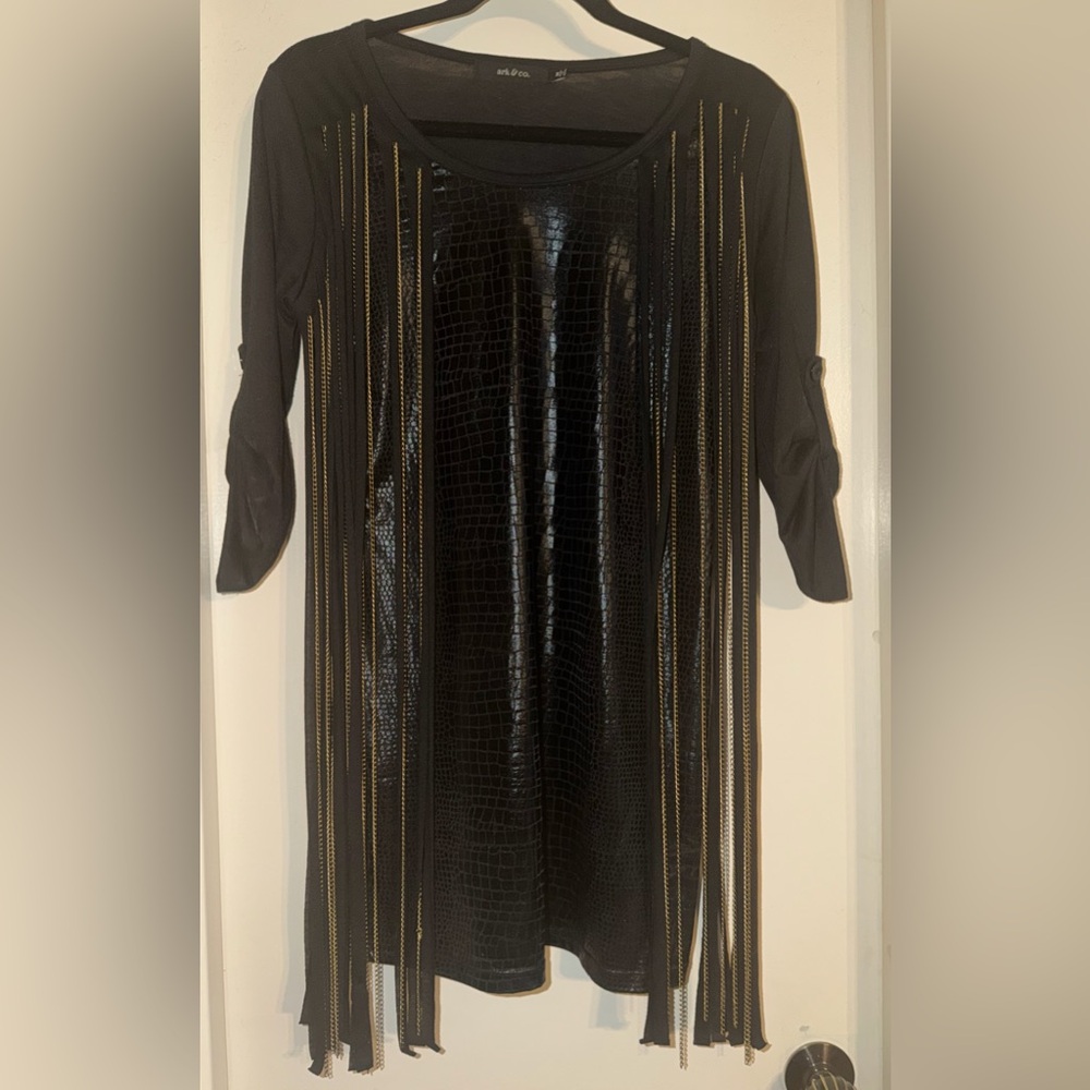 Unique fringe chain faux leather blouse top sz medium NWT